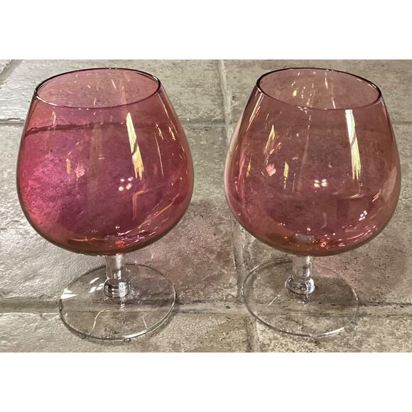 Set Of Two ~ 6” Glass Iridescent Brandy Snifters with Clear Stem - Picture 1 of 8